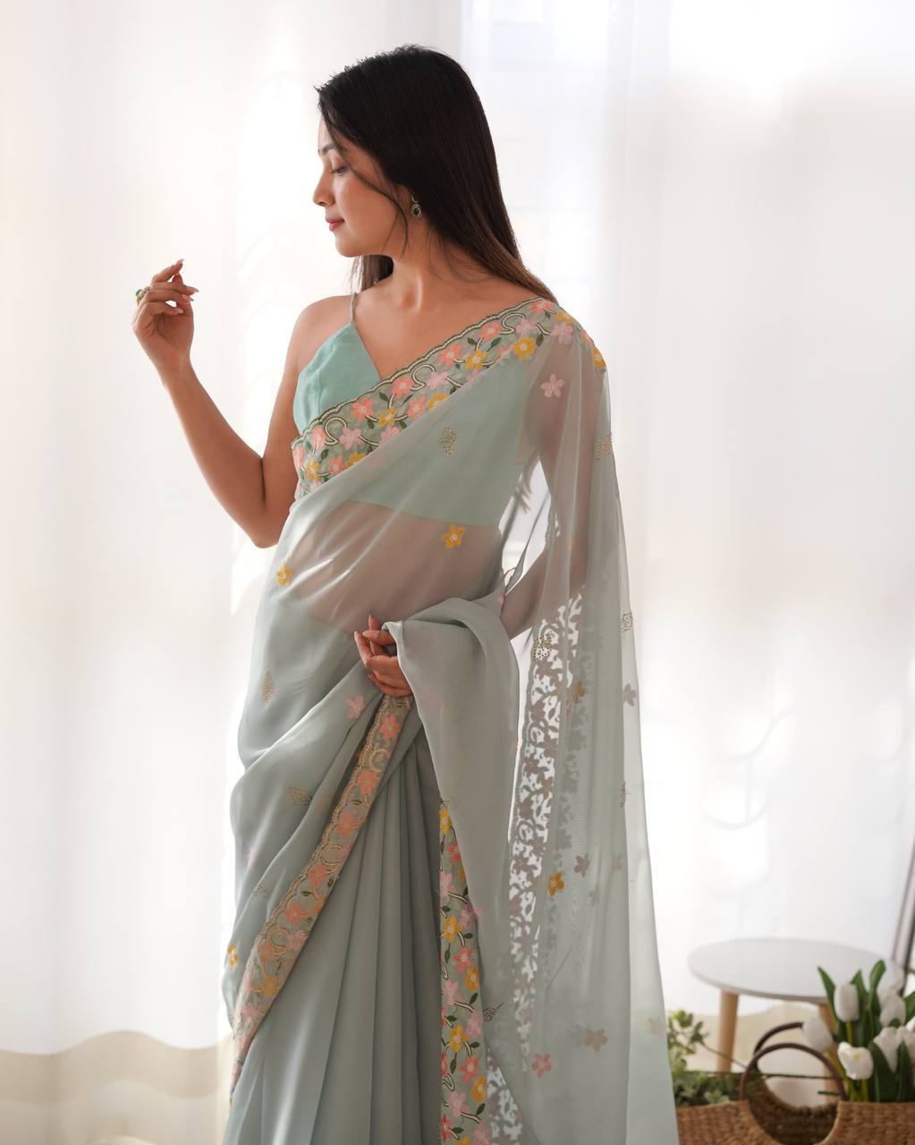 Teeya Creation Sky Color Thai Organza Silk Embroidery Work Saree | Grocsy