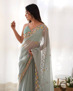 Teeya Creation Sky Color Thai Organza Silk Embroidery Work Saree | Grocsy