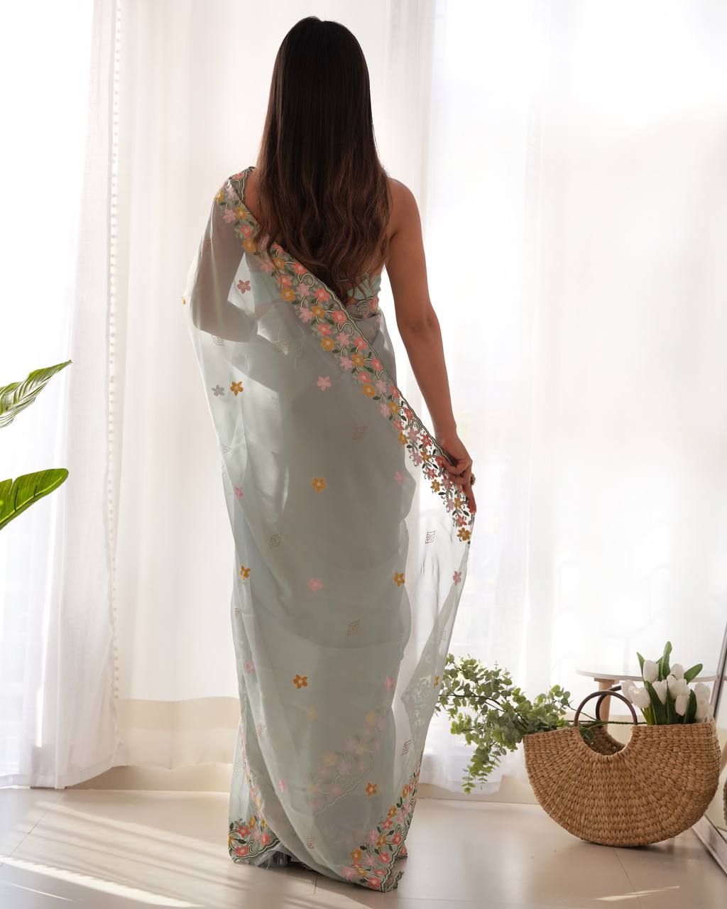 Teeya Creation Sky Color Thai Organza Silk Embroidery Work Saree | Grocsy