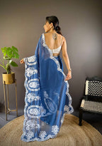 Teeya Creation Blue Color Thai Organza Silk Embroidery Work Saree | Grocsy