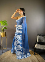 Teeya Creation Blue Color Thai Organza Silk Embroidery Work Saree | Grocsy