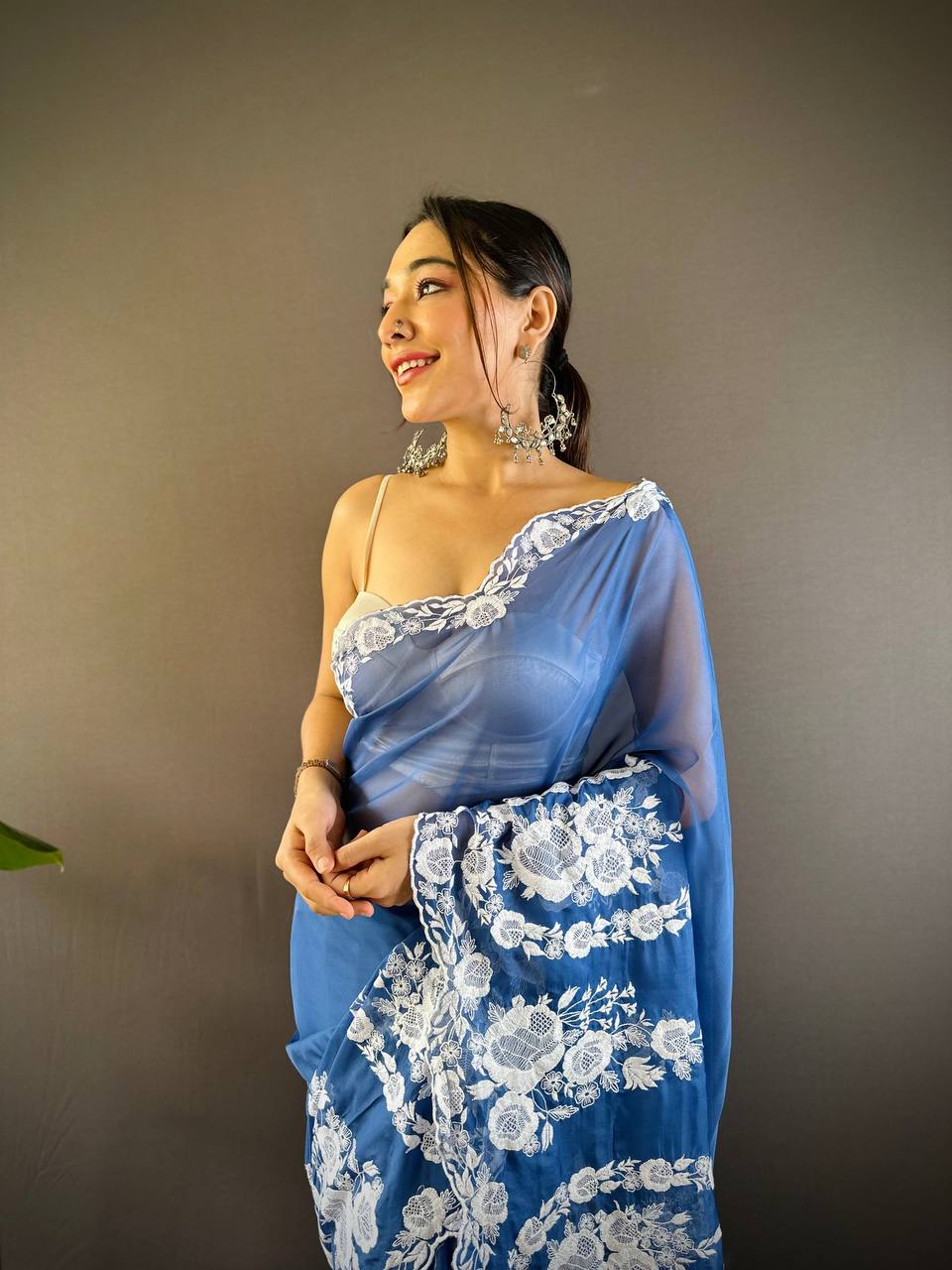 Teeya Creation Blue Color Thai Organza Silk Embroidery Work Saree | Grocsy