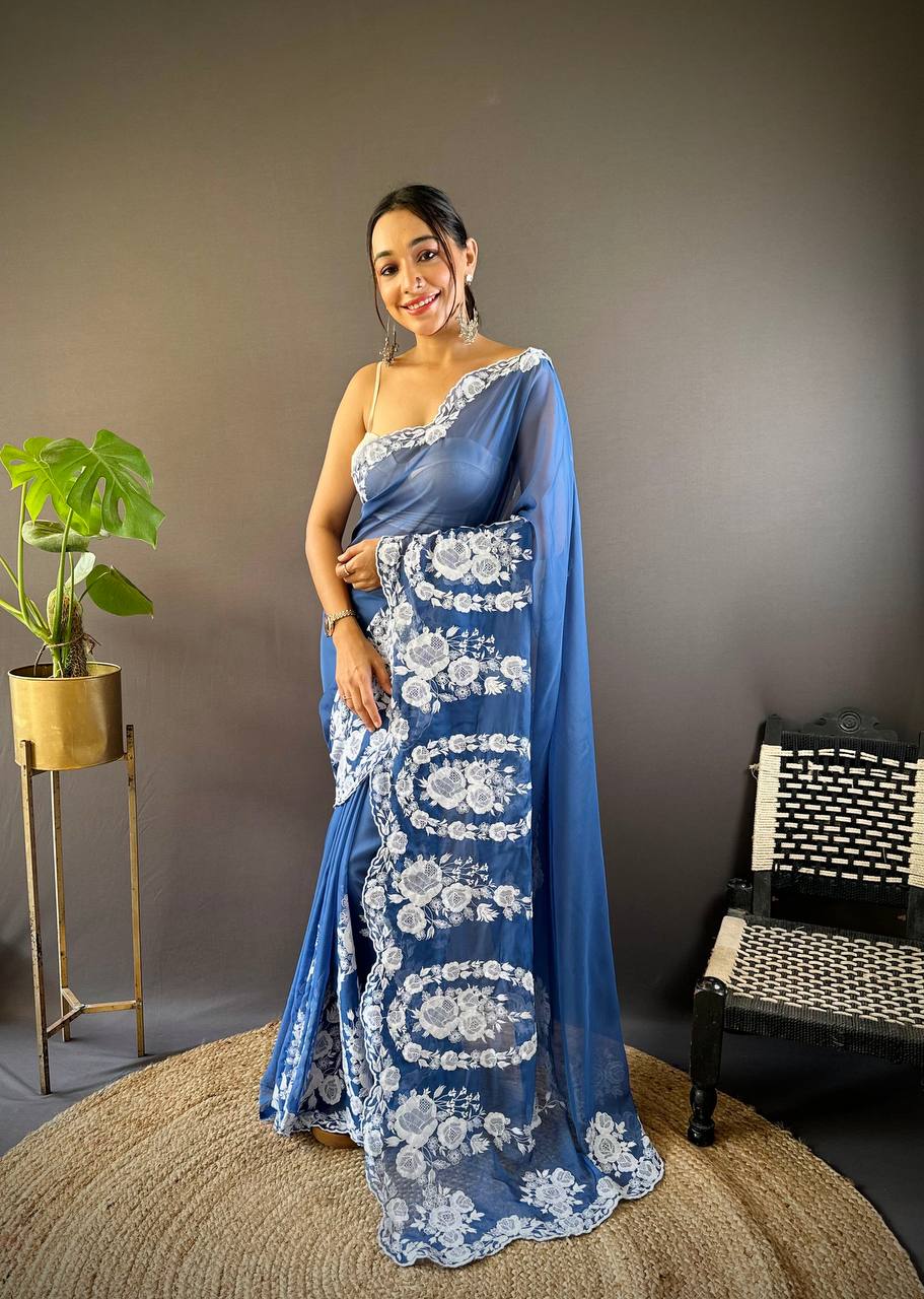 Teeya Creation Blue Color Thai Organza Silk Embroidery Work Saree | Grocsy