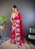 Teeya Creation Red Color Thai Organza Silk Embroidery Work Saree | Grocsy