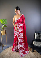 Teeya Creation Red Color Thai Organza Silk Embroidery Work Saree | Grocsy