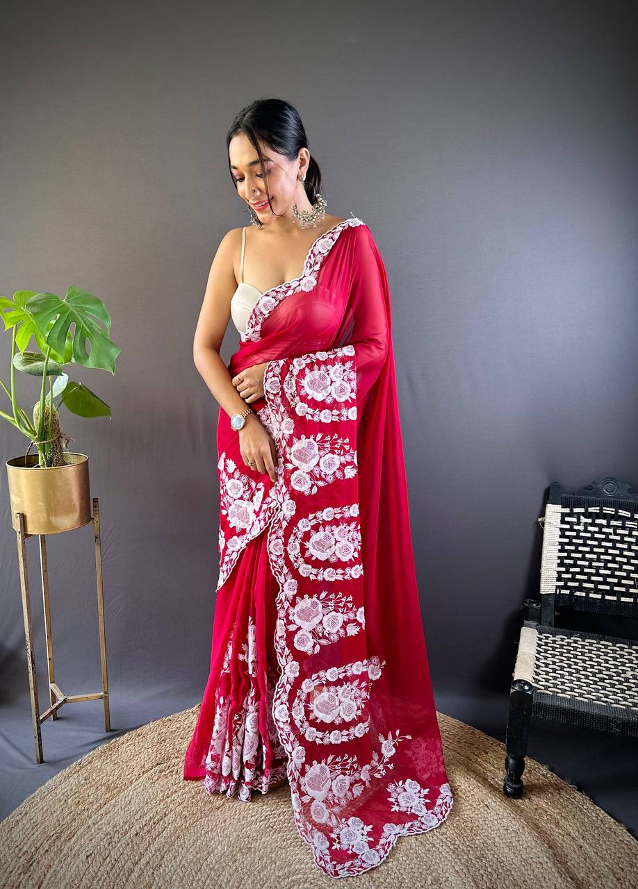 Teeya Creation Red Color Thai Organza Silk Embroidery Work Saree | Grocsy