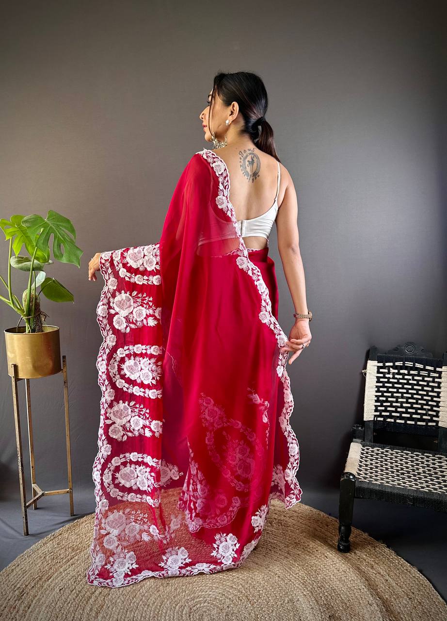 Teeya Creation Red Color Thai Organza Silk Embroidery Work Saree | Grocsy