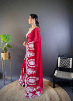 Teeya Creation Red Color Thai Organza Silk Embroidery Work Saree | Grocsy
