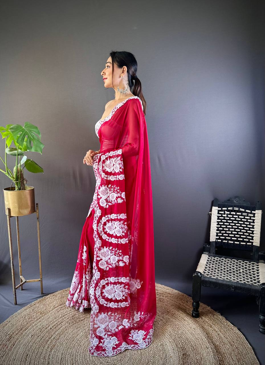 Teeya Creation Red Color Thai Organza Silk Embroidery Work Saree | Grocsy