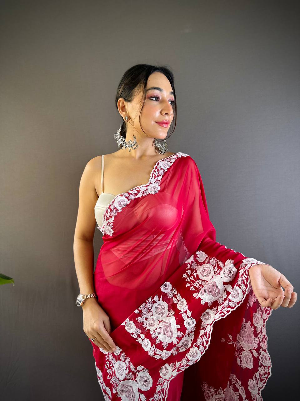 Teeya Creation Red Color Thai Organza Silk Embroidery Work Saree | Grocsy