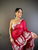 Teeya Creation Red Color Thai Organza Silk Embroidery Work Saree | Grocsy