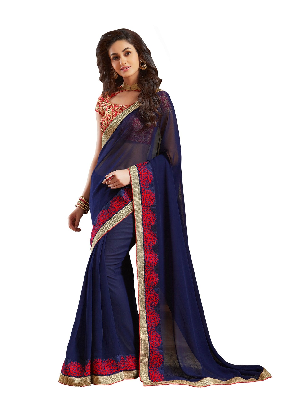 Vamika Navy Blue Designer Georgette Embroidery Saree | Grocsy