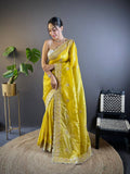 Teeya Creation Lemon Yellow Color Gold Crush Embroidery Work Saree | Grocsy