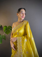 Teeya Creation Lemon Yellow Color Gold Crush Embroidery Work Saree | Grocsy