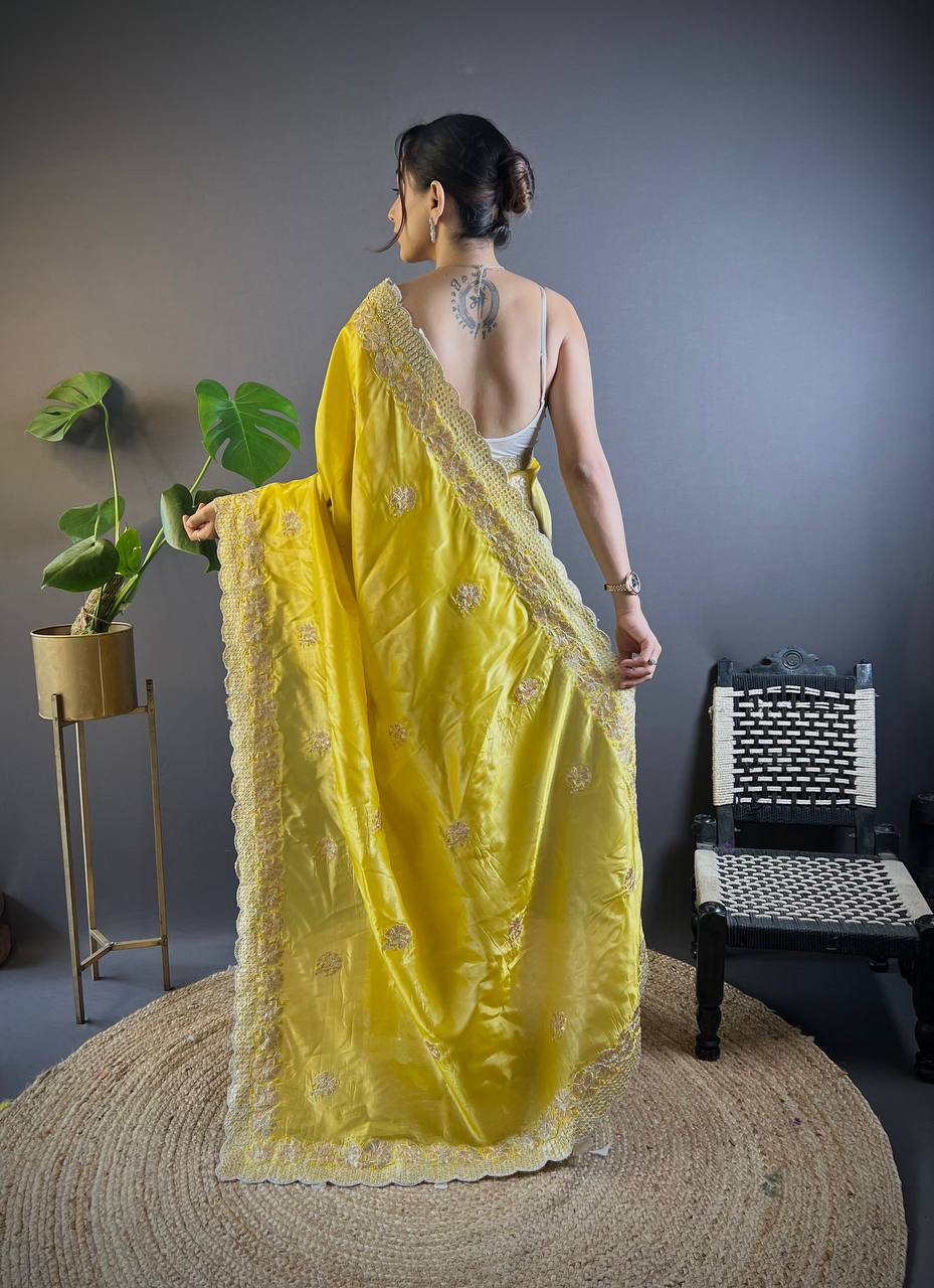 Teeya Creation Lemon Yellow Color Gold Crush Embroidery Work Saree | Grocsy