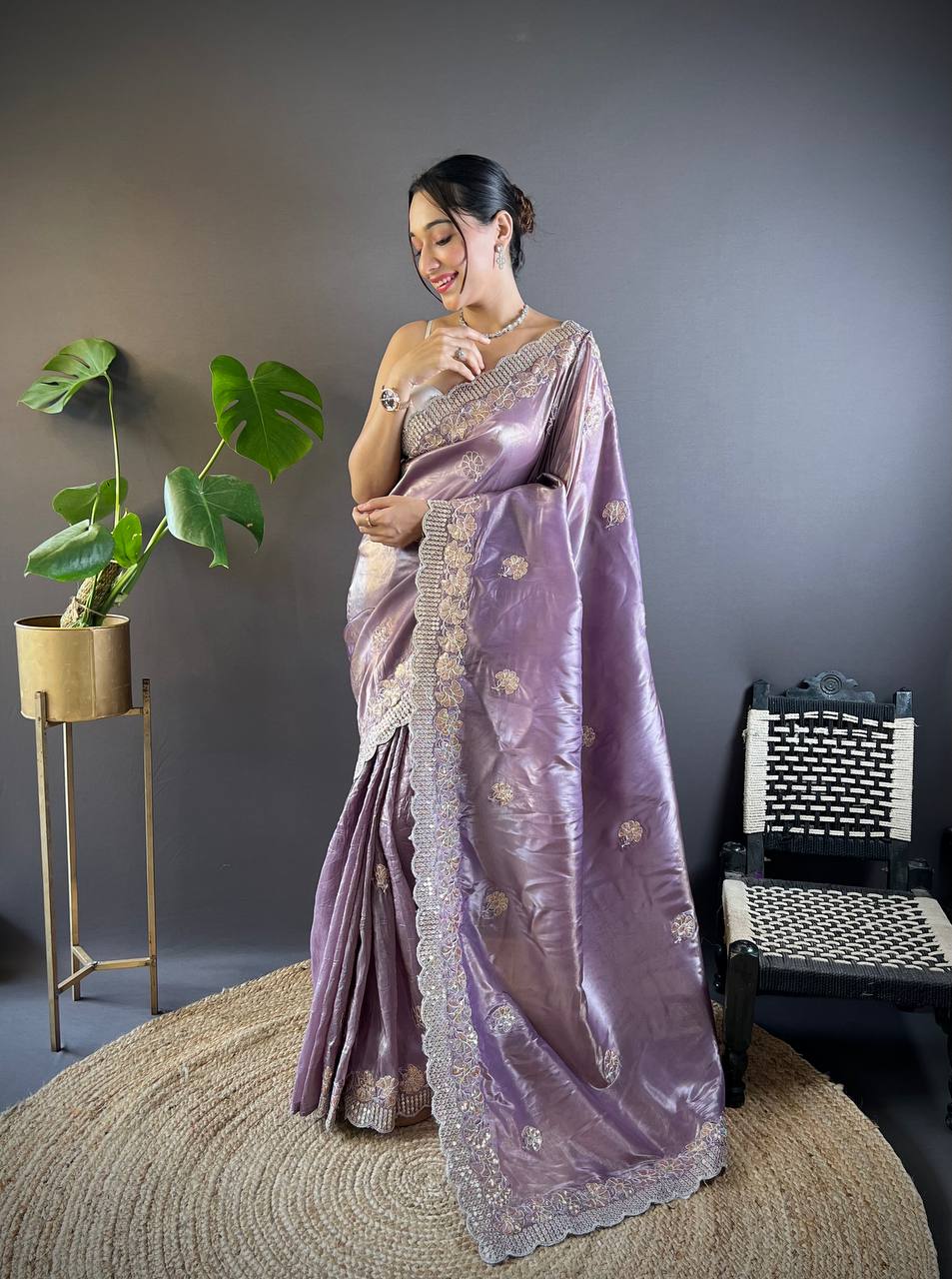 Teeya Creation Onion Color Gold Crush Embroidery Work Saree | Grocsy
