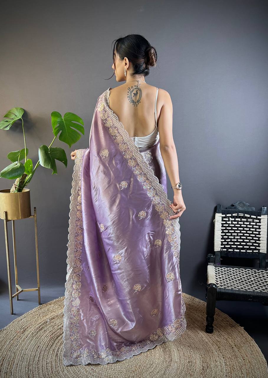 Teeya Creation Onion Color Gold Crush Embroidery Work Saree | Grocsy