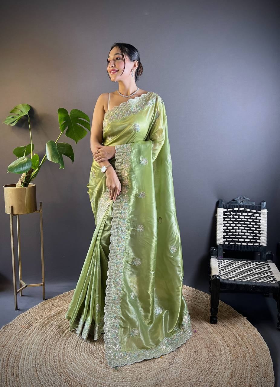 Teeya Creation Parrot Color Gold Crush Embroidery Work Saree | Grocsy