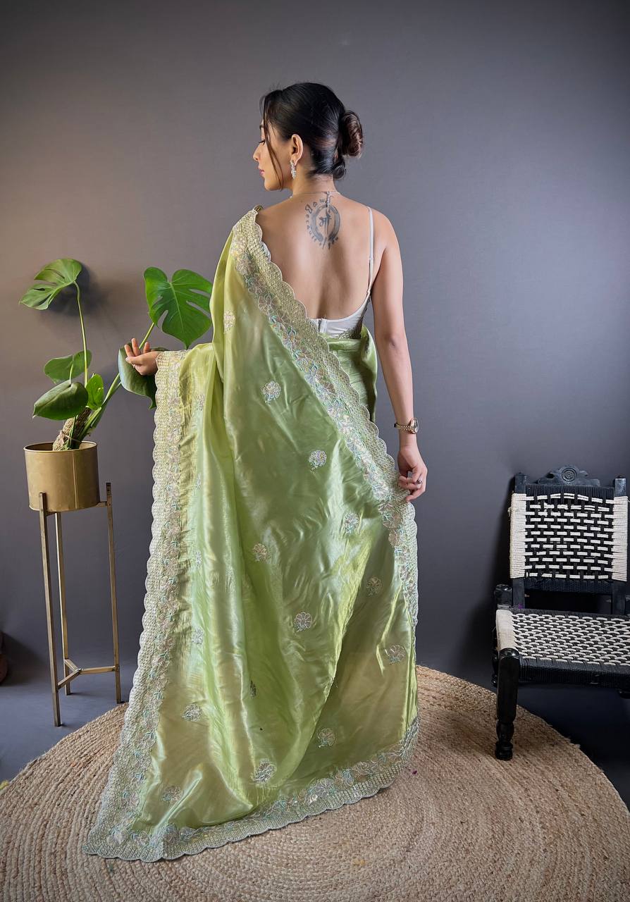 Teeya Creation Parrot Color Gold Crush Embroidery Work Saree | Grocsy