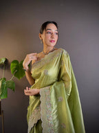 Teeya Creation Parrot Color Gold Crush Embroidery Work Saree | Grocsy