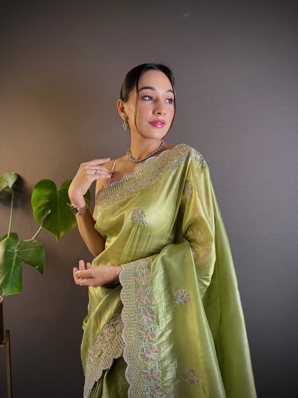 Teeya Creation Parrot Color Gold Crush Embroidery Work Saree | Grocsy