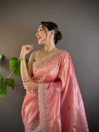 Teeya Creation Peach Color Gold Crush Embroidery Work Saree | Grocsy