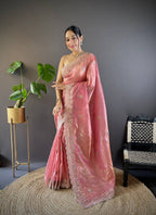 Teeya Creation Peach Color Gold Crush Embroidery Work Saree | Grocsy