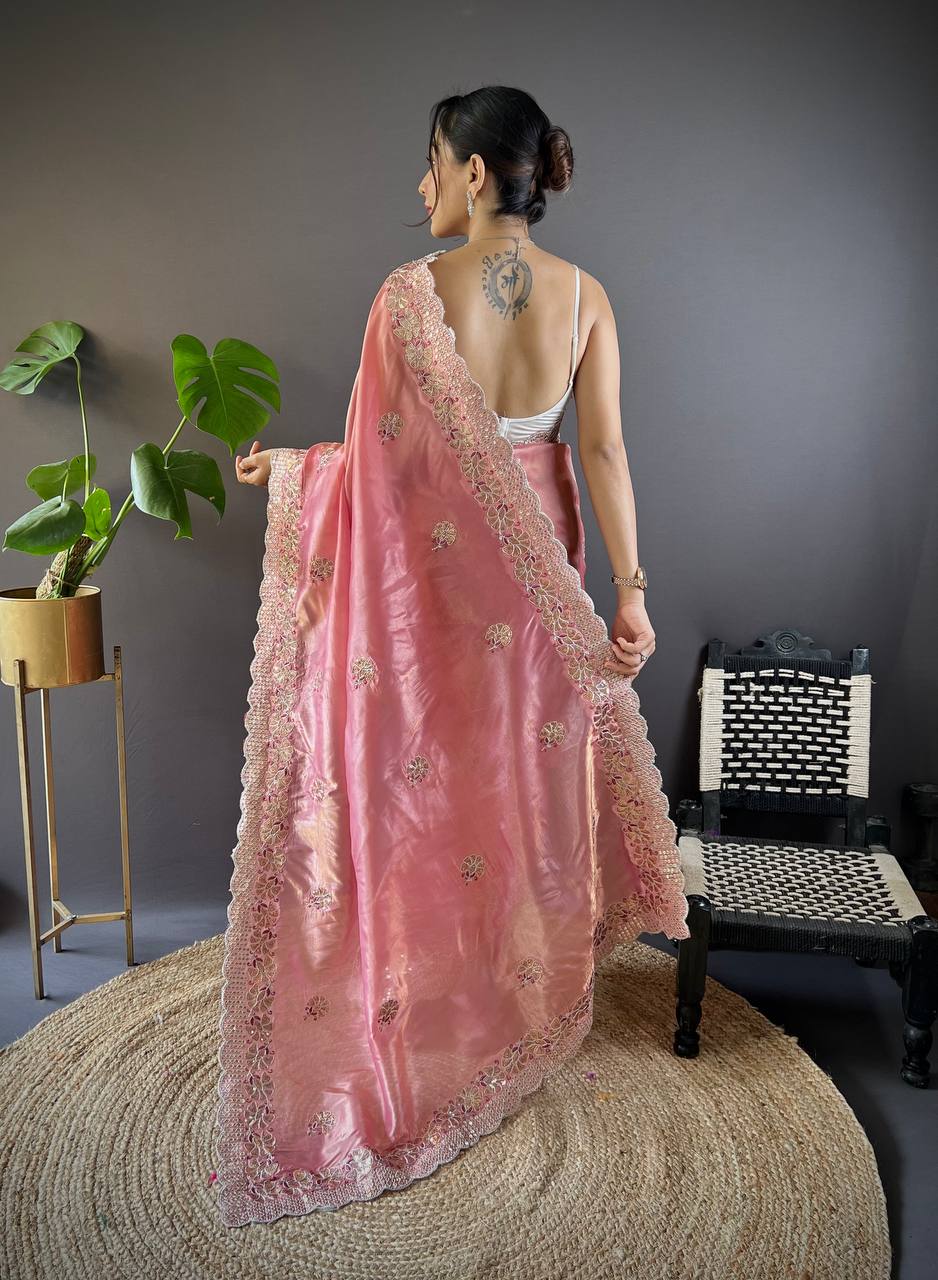 Teeya Creation Peach Color Gold Crush Embroidery Work Saree | Grocsy