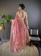 Teeya Creation Peach Color Gold Crush Embroidery Work Saree | Grocsy