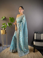 Teeya Creation Sky Color Gold Crush Embroidery Work Saree | Grocsy