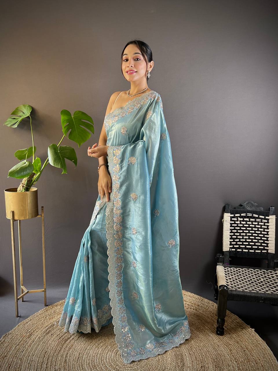 Teeya Creation Sky Color Gold Crush Embroidery Work Saree | Grocsy