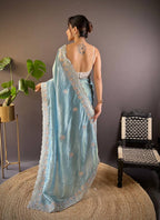 Teeya Creation Sky Color Gold Crush Embroidery Work Saree | Grocsy