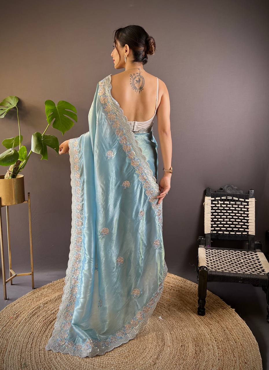 Teeya Creation Sky Color Gold Crush Embroidery Work Saree | Grocsy
