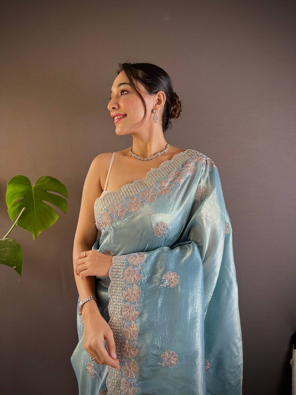 Teeya Creation Sky Color Gold Crush Embroidery Work Saree | Grocsy