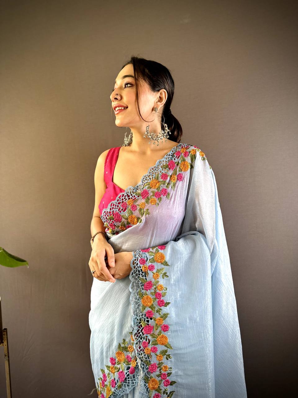 Teeya Creation Sky Color Gold Crush Embroidery Work Saree | Grocsy