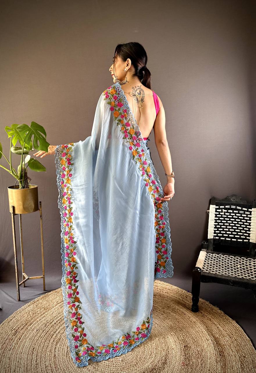Teeya Creation Sky Color Gold Crush Embroidery Work Saree | Grocsy