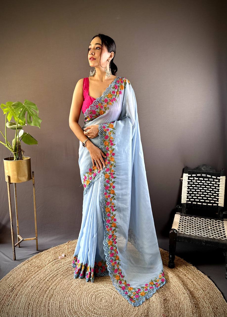 Teeya Creation Sky Color Gold Crush Embroidery Work Saree | Grocsy