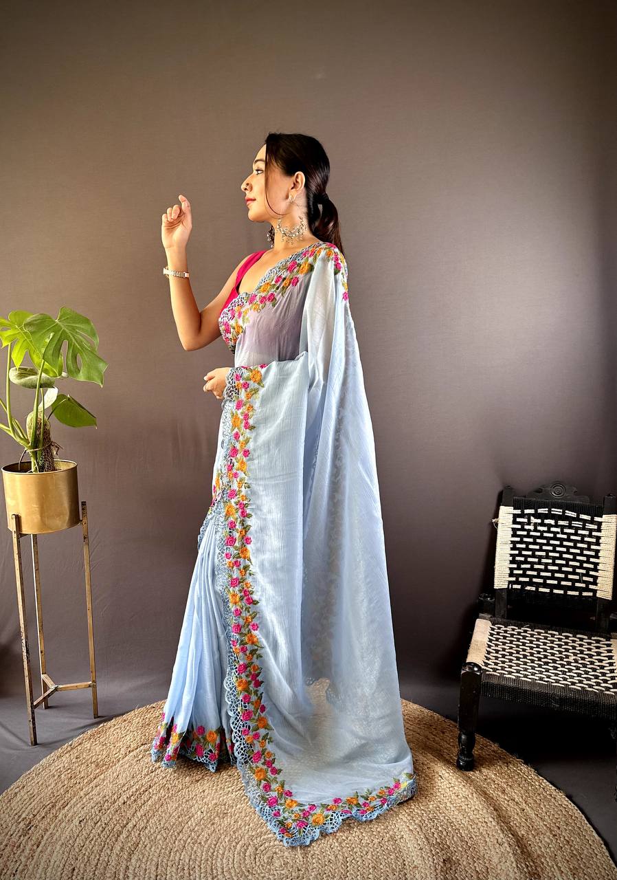 Teeya Creation Sky Color Gold Crush Embroidery Work Saree | Grocsy