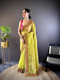 Teeya Creation Olive Color Gold Crush Embroidery Work Saree | Grocsy
