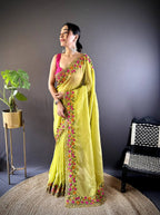 Teeya Creation Olive Color Gold Crush Embroidery Work Saree | Grocsy