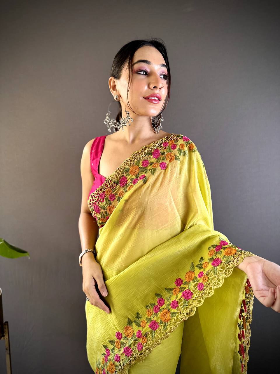 Teeya Creation Olive Color Gold Crush Embroidery Work Saree | Grocsy