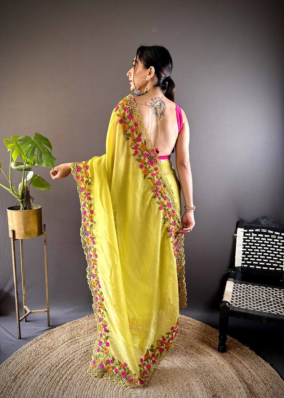 Teeya Creation Olive Color Gold Crush Embroidery Work Saree | Grocsy
