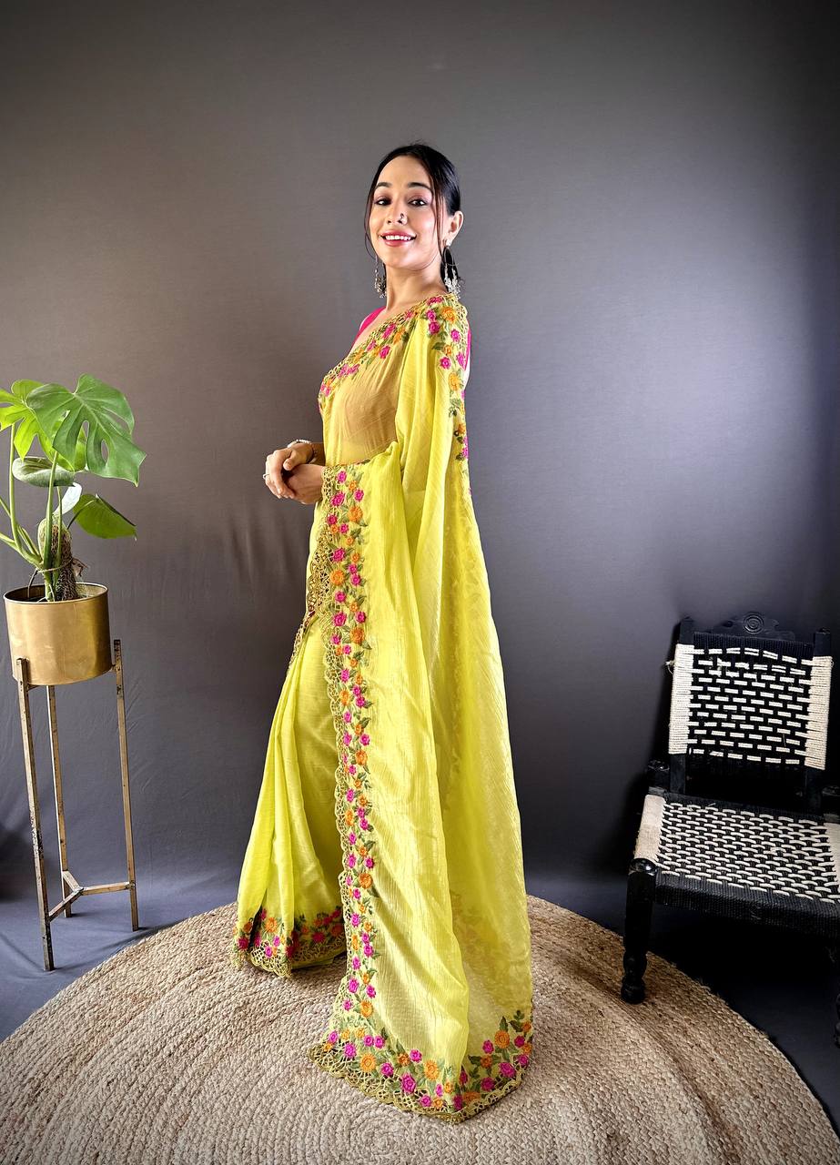 Teeya Creation Olive Color Gold Crush Embroidery Work Saree | Grocsy