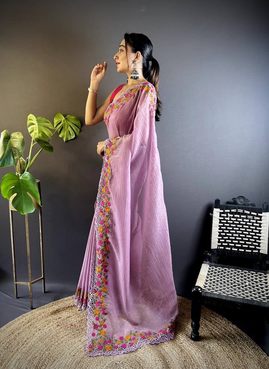 Teeya Creation Onion Color Gold Crush Embroidery Work Saree | Grocsy