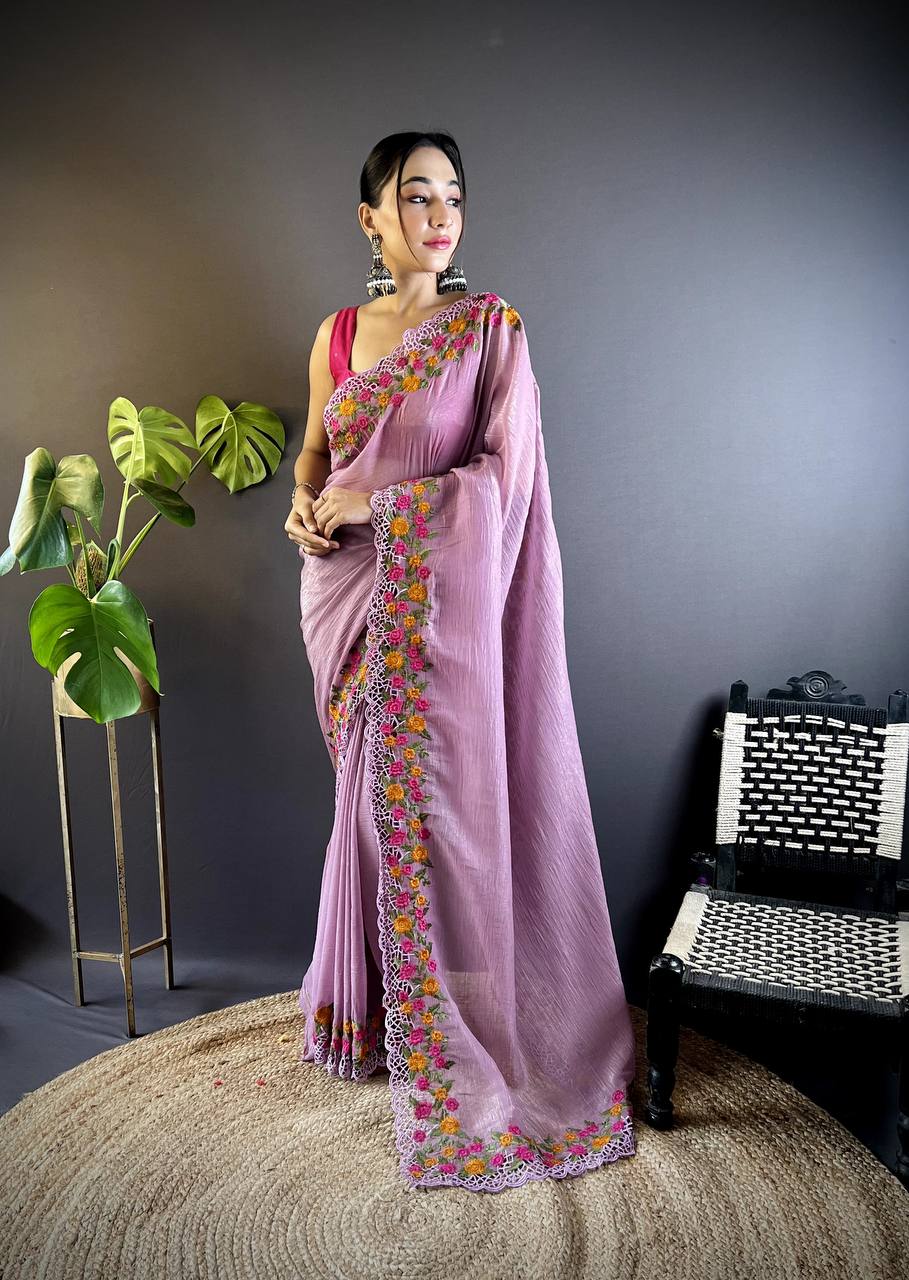 Teeya Creation Onion Color Gold Crush Embroidery Work Saree | Grocsy