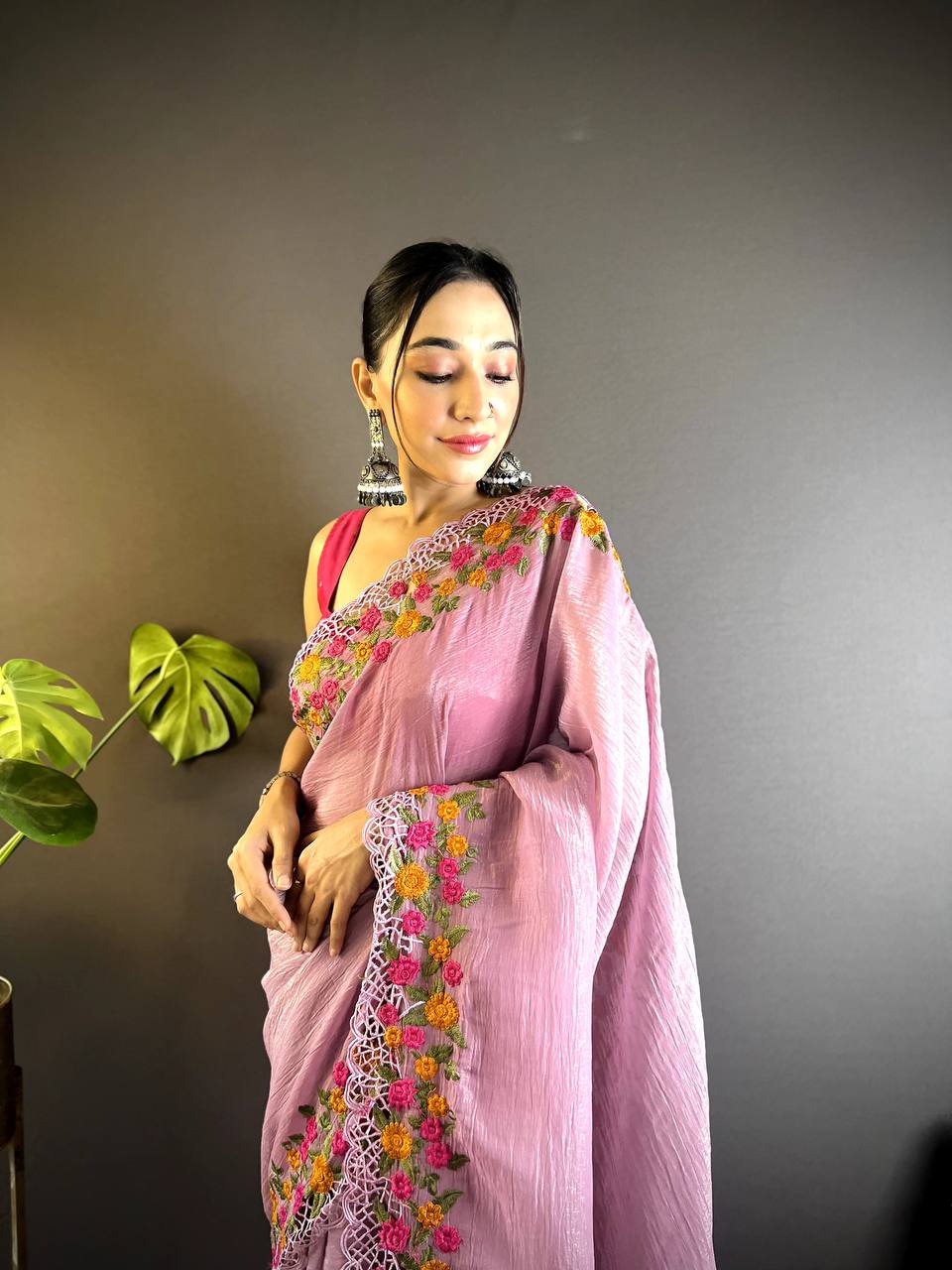Teeya Creation Onion Color Gold Crush Embroidery Work Saree | Grocsy