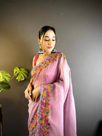 Teeya Creation Onion Color Gold Crush Embroidery Work Saree | Grocsy
