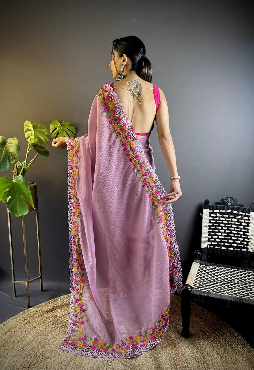 Teeya Creation Onion Color Gold Crush Embroidery Work Saree | Grocsy
