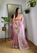 Teeya Creation Lavender Color Silver Tissue Silk Embroidery And Mirror Work Saree | Grocsy