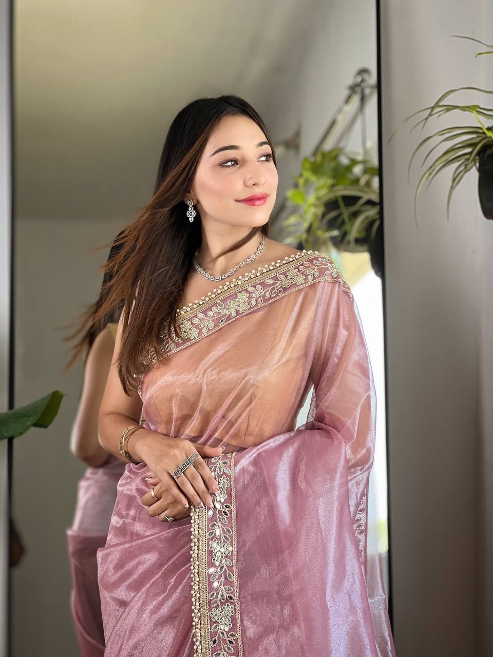Teeya Creation Lavender Color Silver Tissue Silk Embroidery And Mirror Work Saree | Grocsy